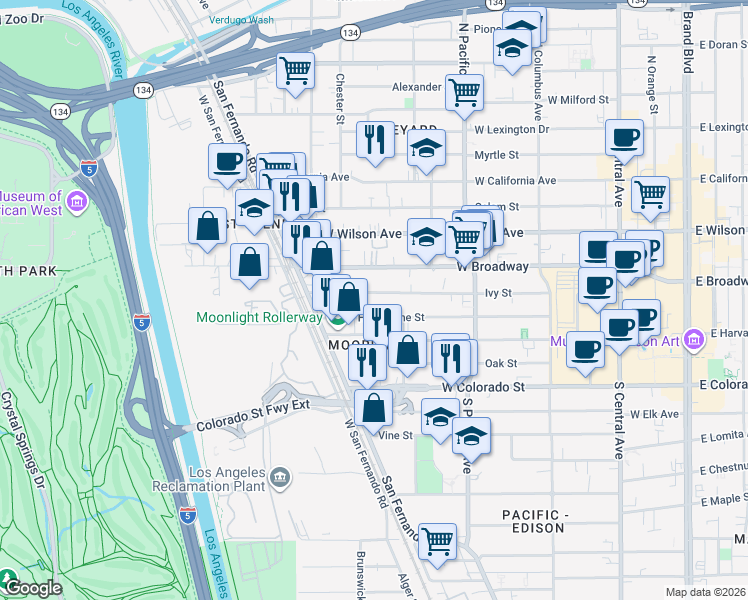 map of restaurants, bars, coffee shops, grocery stores, and more near 655 Ivy Street in Glendale