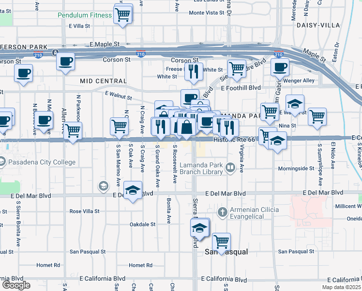 map of restaurants, bars, coffee shops, grocery stores, and more near 2320 West Historic Route 66 in Pasadena