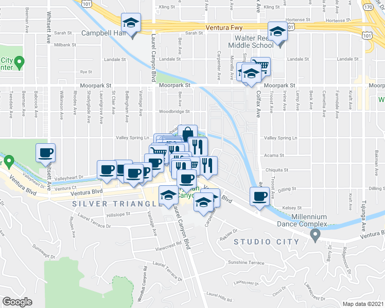 map of restaurants, bars, coffee shops, grocery stores, and more near 12020 Guerin Street in Los Angeles