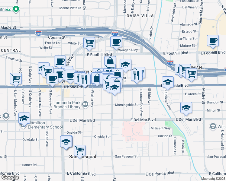 map of restaurants, bars, coffee shops, grocery stores, and more near 2 South San Gabriel Boulevard in Pasadena