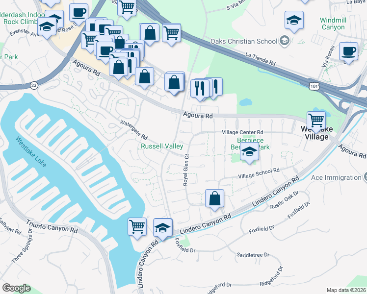 map of restaurants, bars, coffee shops, grocery stores, and more near 32027 Foxmoor Court in Westlake Village