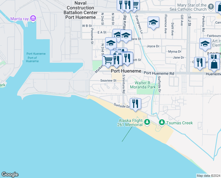 map of restaurants, bars, coffee shops, grocery stores, and more near 263 South Ventura Road in Port Hueneme