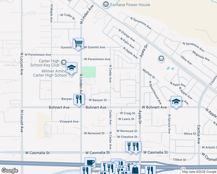 map of restaurants, bars, coffee shops, grocery stores, and more near 2535 North Wisteria Avenue in Rialto