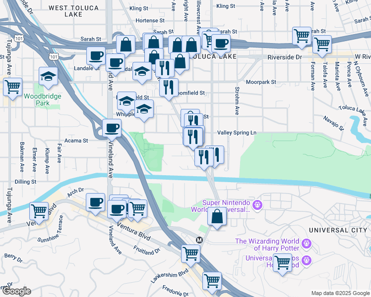 map of restaurants, bars, coffee shops, grocery stores, and more near 10718 Acama Street in Los Angeles