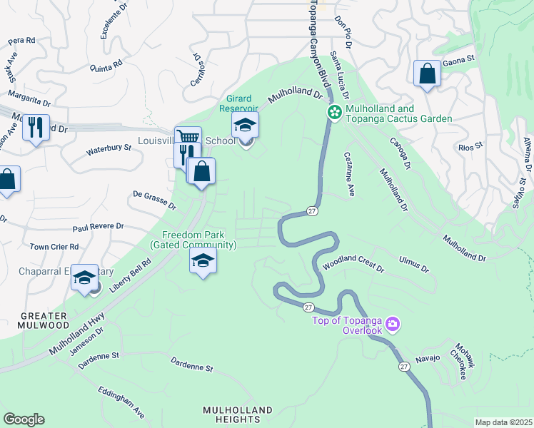 map of restaurants, bars, coffee shops, grocery stores, and more near 4201 California 27 in Topanga