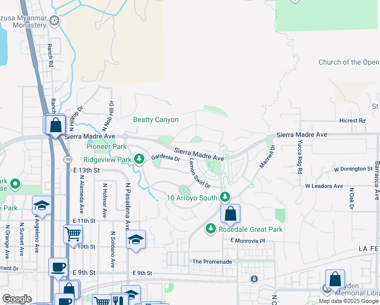 map of restaurants, bars, coffee shops, grocery stores, and more near 699 East Sierra Madre Avenue in Azusa