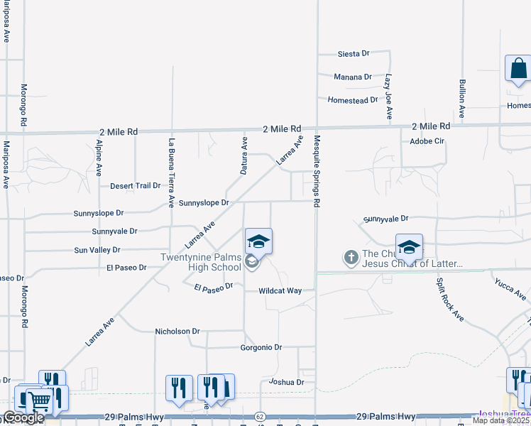 map of restaurants, bars, coffee shops, grocery stores, and more near 5930 Rose Ellen Avenue in Twentynine Palms