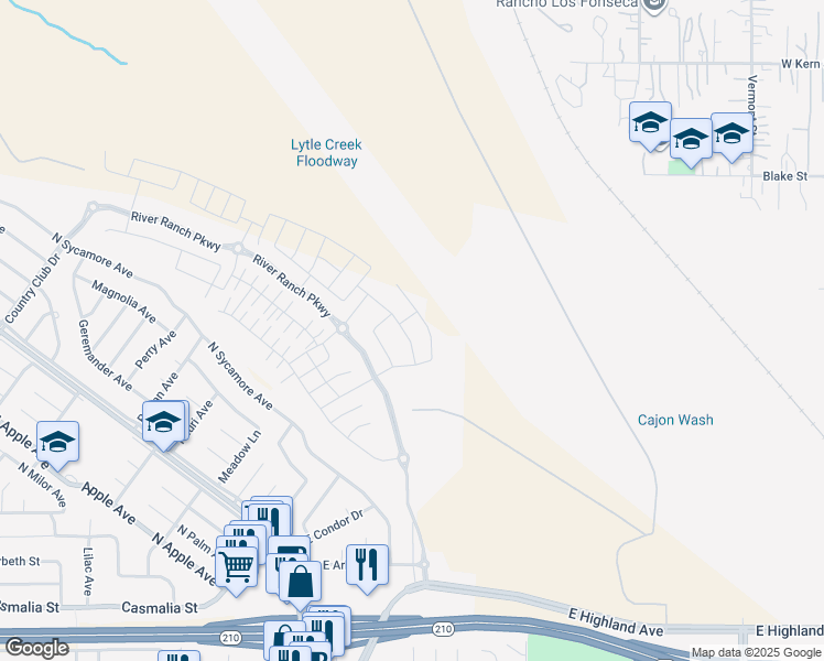 map of restaurants, bars, coffee shops, grocery stores, and more near 2411 Huron Road in Rialto
