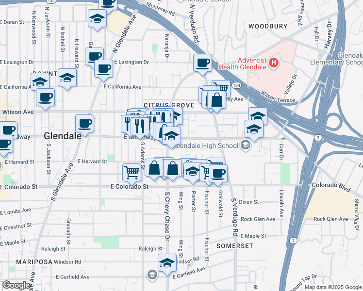 map of restaurants, bars, coffee shops, grocery stores, and more near 1214 A East Broadway in Glendale