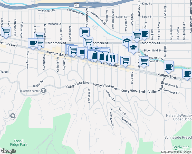 map of restaurants, bars, coffee shops, grocery stores, and more near 4133 Ventura Canyon Avenue in Los Angeles