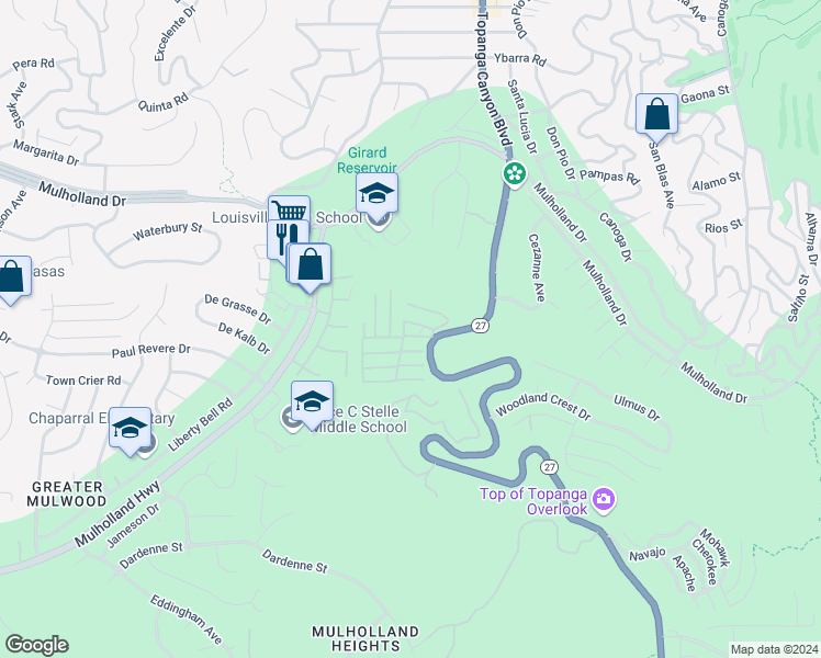 map of restaurants, bars, coffee shops, grocery stores, and more near 4201 Topanga Canyon Boulevard in Topanga
