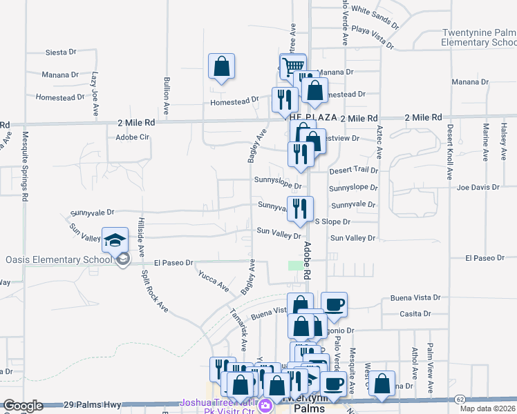 map of restaurants, bars, coffee shops, grocery stores, and more near 5967 Bagley Avenue in Twentynine Palms