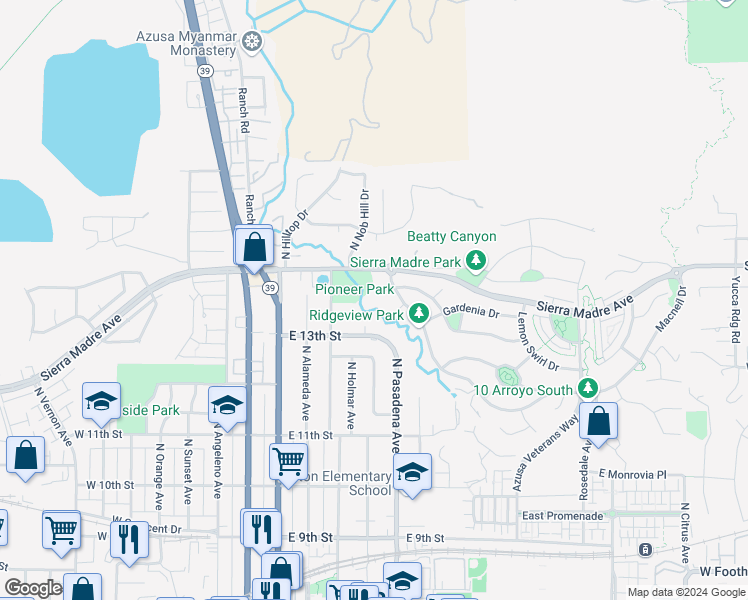 map of restaurants, bars, coffee shops, grocery stores, and more near 472 Desert Willow Road in Azusa