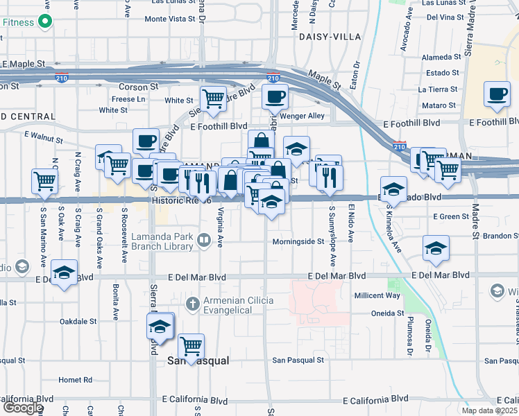 map of restaurants, bars, coffee shops, grocery stores, and more near 2700 East Colorado Boulevard in Pasadena