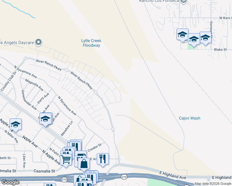 map of restaurants, bars, coffee shops, grocery stores, and more near North Oakdale Avenue in Rialto