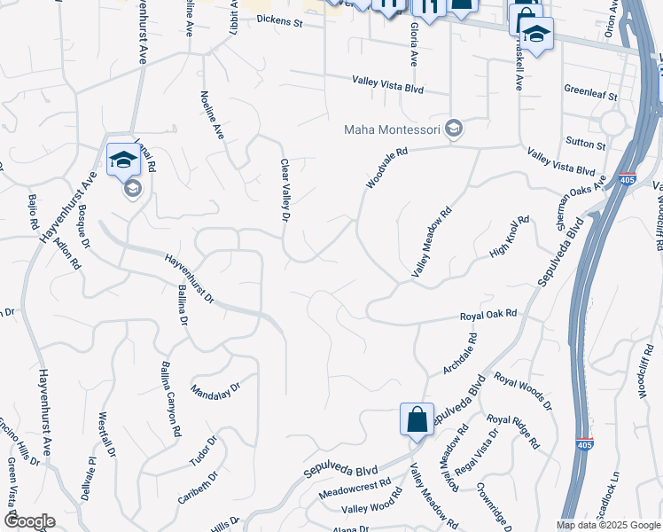 map of restaurants, bars, coffee shops, grocery stores, and more near 16050 Royal Mount Drive in Los Angeles