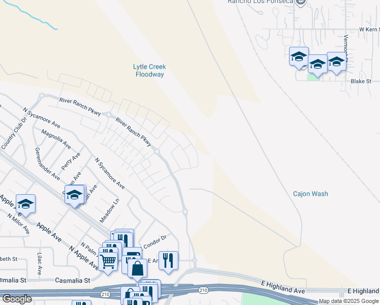map of restaurants, bars, coffee shops, grocery stores, and more near 2411 Huron Road in Rialto