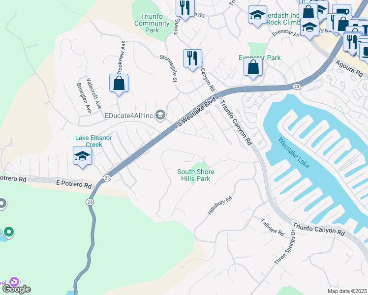 map of restaurants, bars, coffee shops, grocery stores, and more near 2057 Channelford Road in Westlake Village