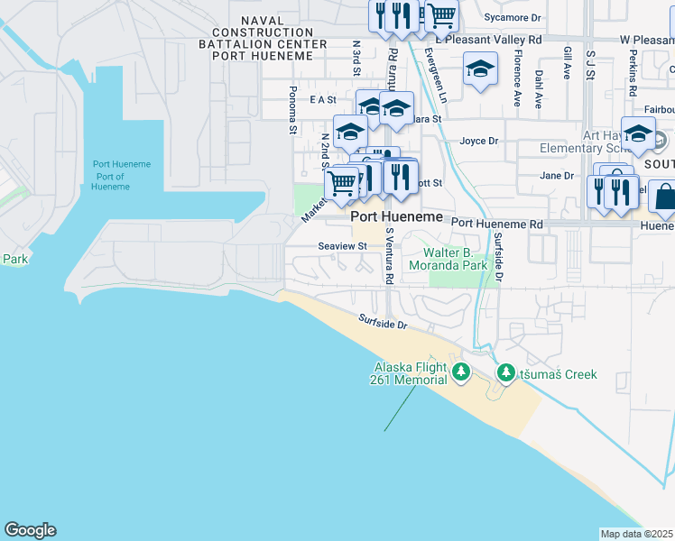 map of restaurants, bars, coffee shops, grocery stores, and more near 271 South Ventura Road in Port Hueneme
