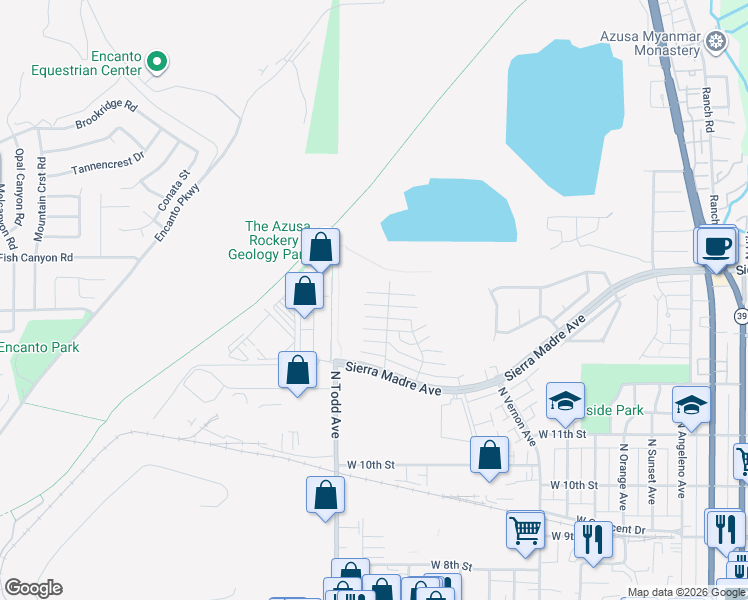 map of restaurants, bars, coffee shops, grocery stores, and more near 1195 West Calle De Las Estrellas in Azusa