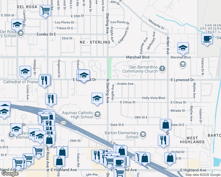 map of restaurants, bars, coffee shops, grocery stores, and more near 5950 Argyle Avenue in San Bernardino