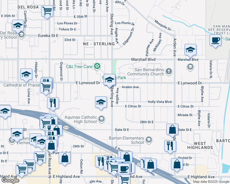 map of restaurants, bars, coffee shops, grocery stores, and more near 5950 Argyle Avenue in San Bernardino