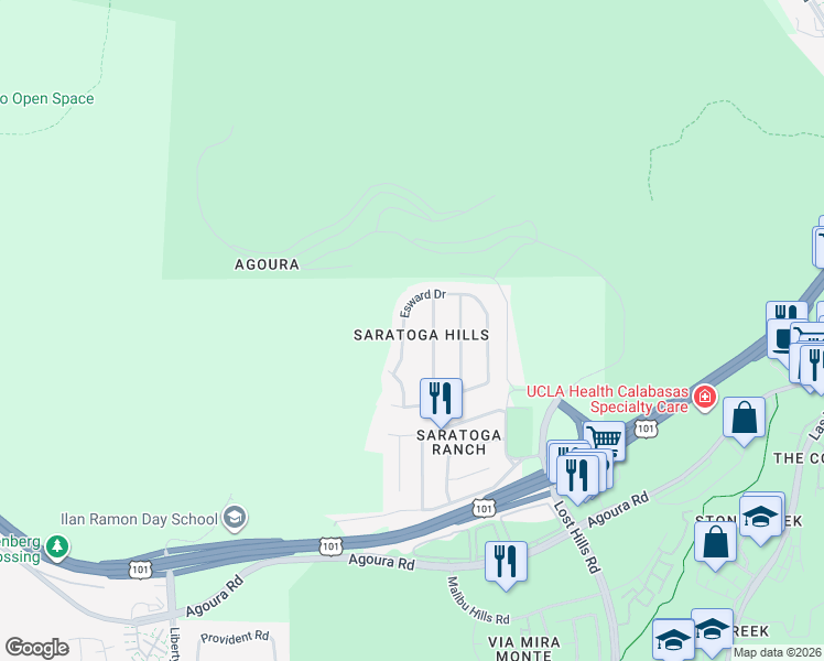 map of restaurants, bars, coffee shops, grocery stores, and more near 27072 Esward Drive in Calabasas