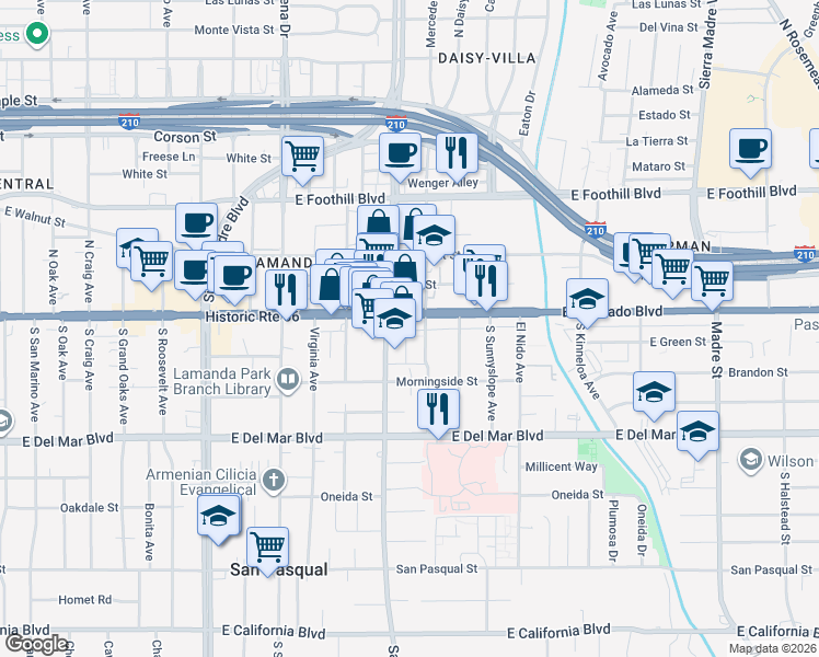map of restaurants, bars, coffee shops, grocery stores, and more near 2748 East Colorado Boulevard in Pasadena