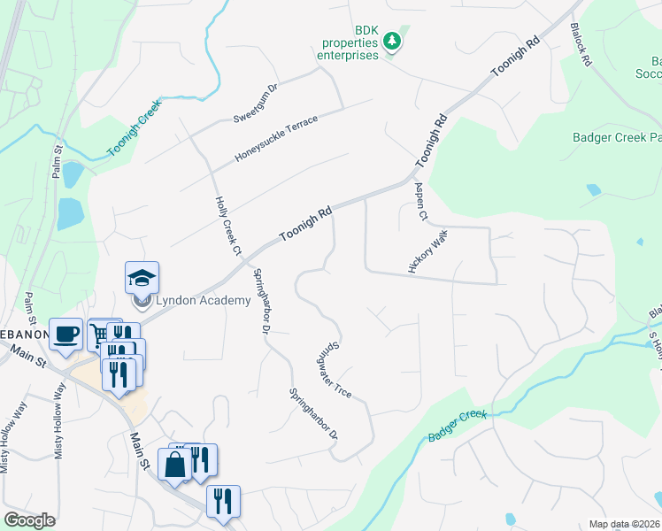 map of restaurants, bars, coffee shops, grocery stores, and more near 111 Springwater Trce in Woodstock