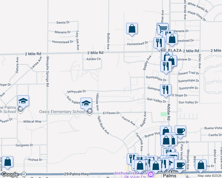 map of restaurants, bars, coffee shops, grocery stores, and more near 73318 Sunnyvale Drive in Twentynine Palms