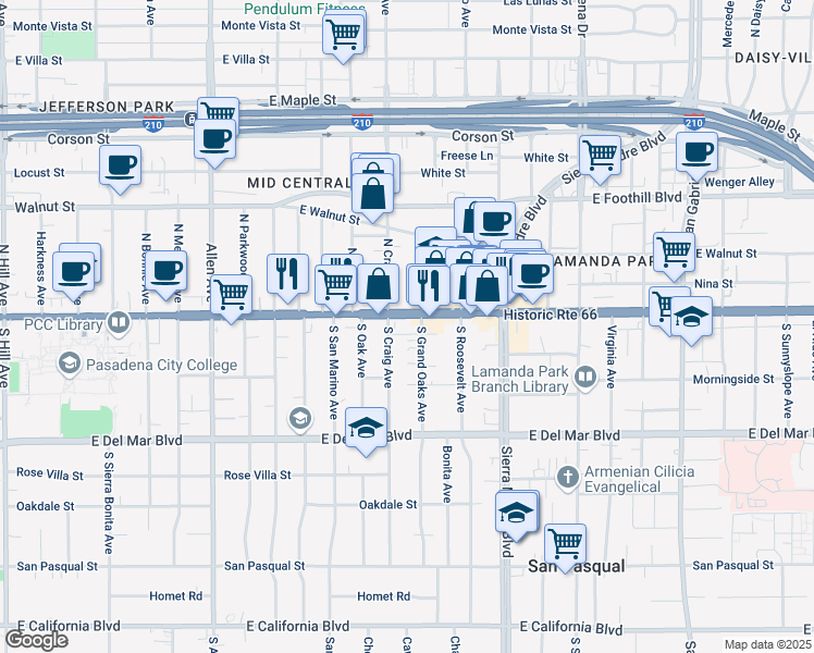 map of restaurants, bars, coffee shops, grocery stores, and more near 2176 East Colorado Boulevard in Pasadena