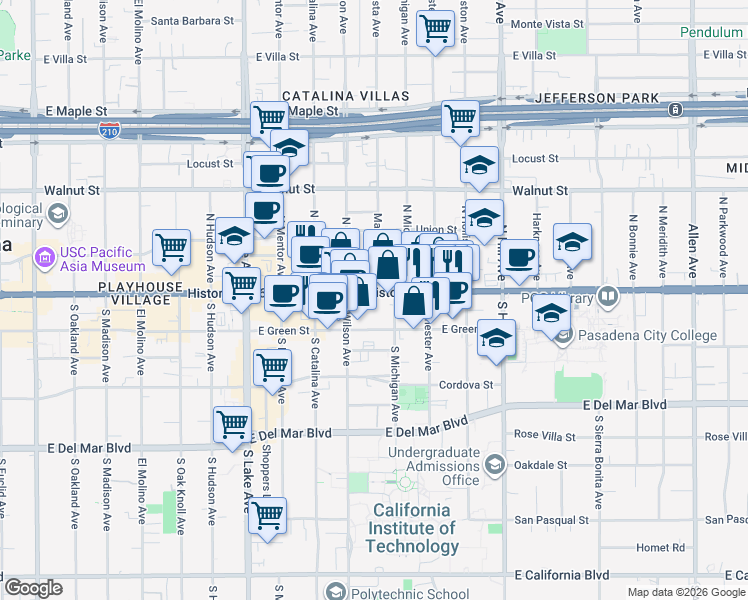 map of restaurants, bars, coffee shops, grocery stores, and more near in Pasadena
