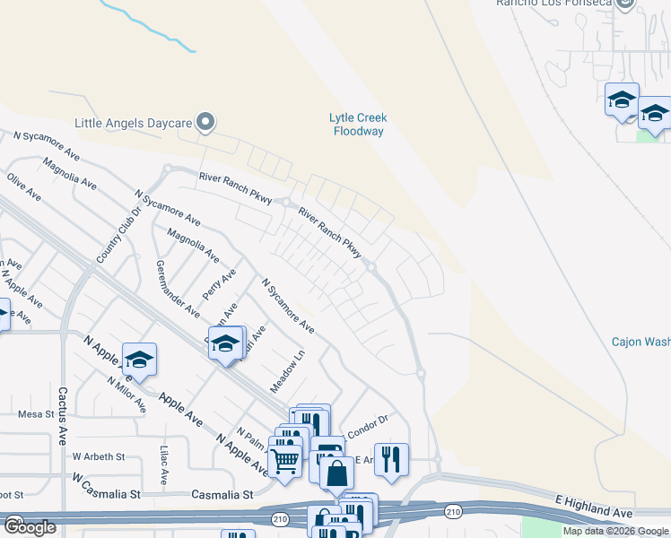 map of restaurants, bars, coffee shops, grocery stores, and more near 2458 Gunner Ridge Way in Rialto