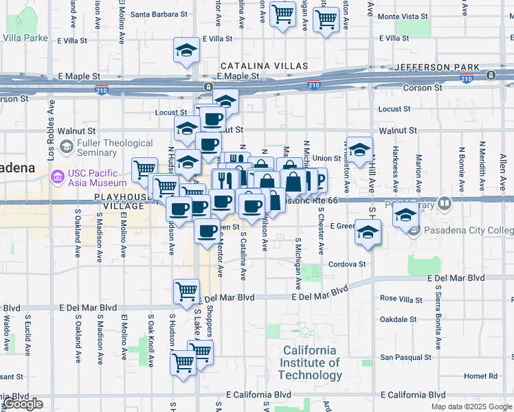 map of restaurants, bars, coffee shops, grocery stores, and more near in Pasadena