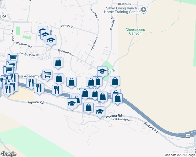 map of restaurants, bars, coffee shops, grocery stores, and more near 28142 West Driver Avenue in Agoura Hills