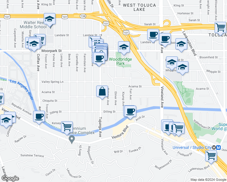 map of restaurants, bars, coffee shops, grocery stores, and more near 4225 Elmer Avenue in Los Angeles