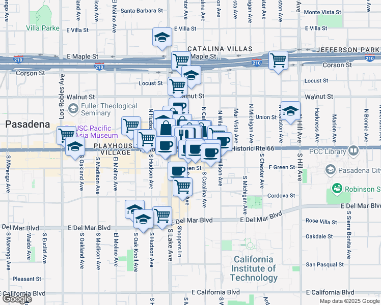 map of restaurants, bars, coffee shops, grocery stores, and more near 931 East Colorado Boulevard in Pasadena