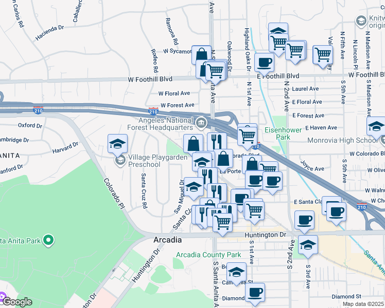 map of restaurants, bars, coffee shops, grocery stores, and more near 511 North Santa Anita Avenue in Arcadia