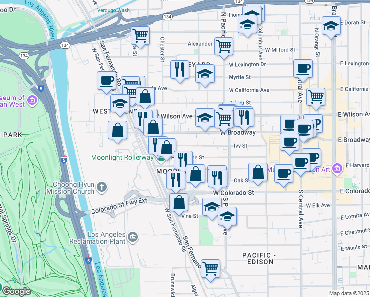 map of restaurants, bars, coffee shops, grocery stores, and more near 628 Ivy Street in Glendale