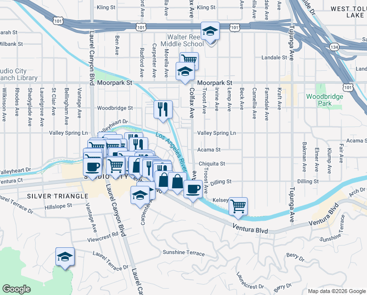 map of restaurants, bars, coffee shops, grocery stores, and more near 4207 Colfax Avenue in Los Angeles