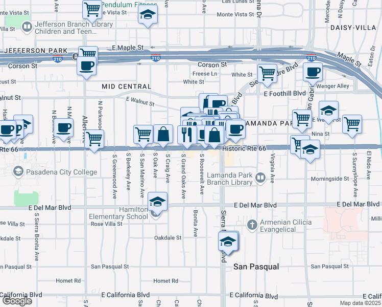 map of restaurants, bars, coffee shops, grocery stores, and more near 2237 East Colorado Boulevard in Pasadena