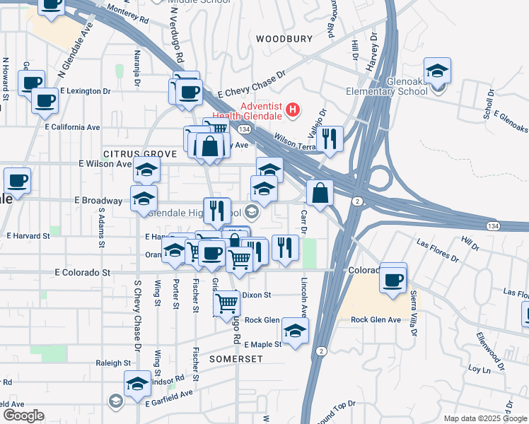 map of restaurants, bars, coffee shops, grocery stores, and more near 1440 East Broadway in Glendale