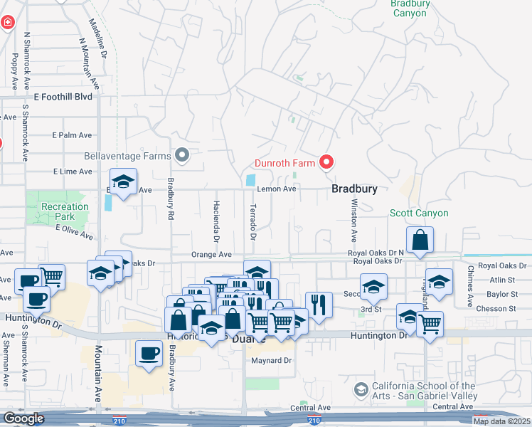 map of restaurants, bars, coffee shops, grocery stores, and more near 525 Sombrero Road in Monrovia