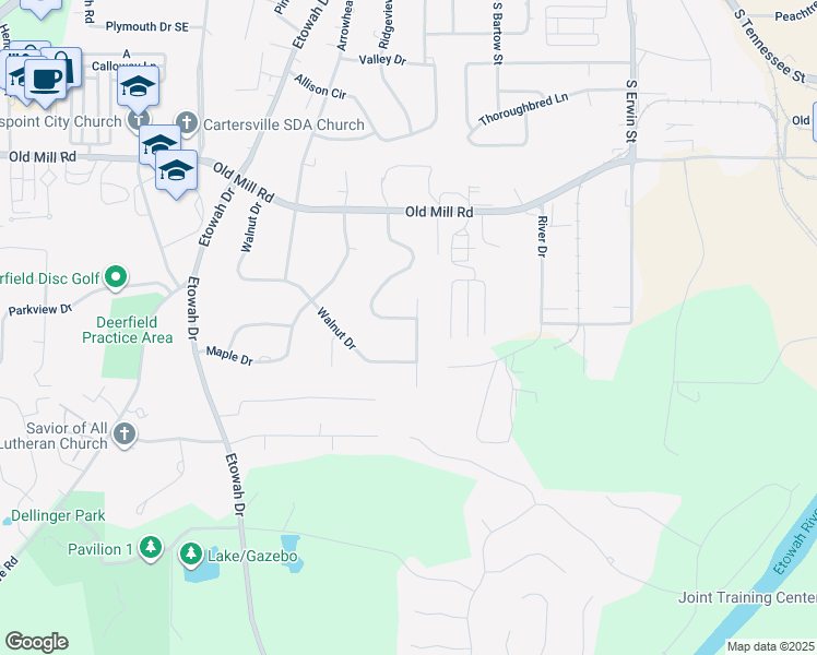 map of restaurants, bars, coffee shops, grocery stores, and more near 33 Bobwhite Trail in Cartersville