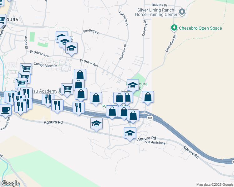 map of restaurants, bars, coffee shops, grocery stores, and more near 5307 Colodny Drive in Agoura Hills