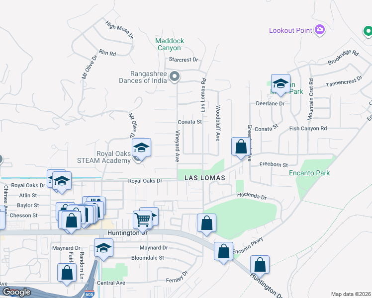 map of restaurants, bars, coffee shops, grocery stores, and more near 628 Royal View Street in Duarte