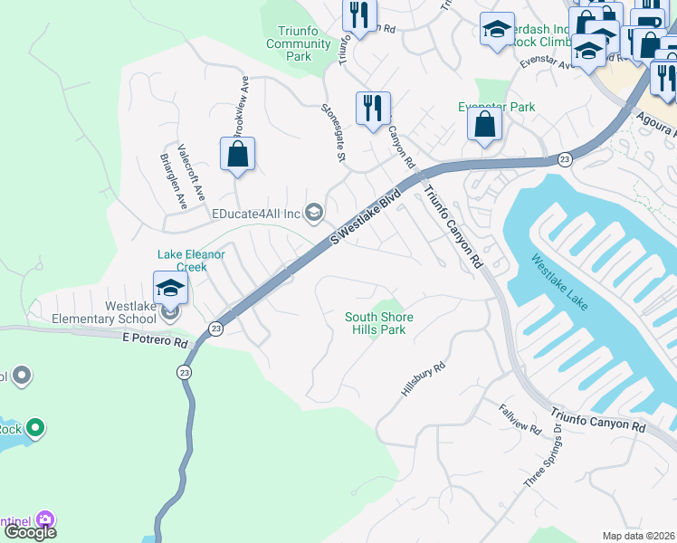 map of restaurants, bars, coffee shops, grocery stores, and more near 2039 Channelford Road in Westlake Village