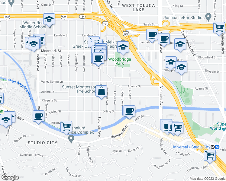 map of restaurants, bars, coffee shops, grocery stores, and more near 4225 Elmer Avenue in Los Angeles