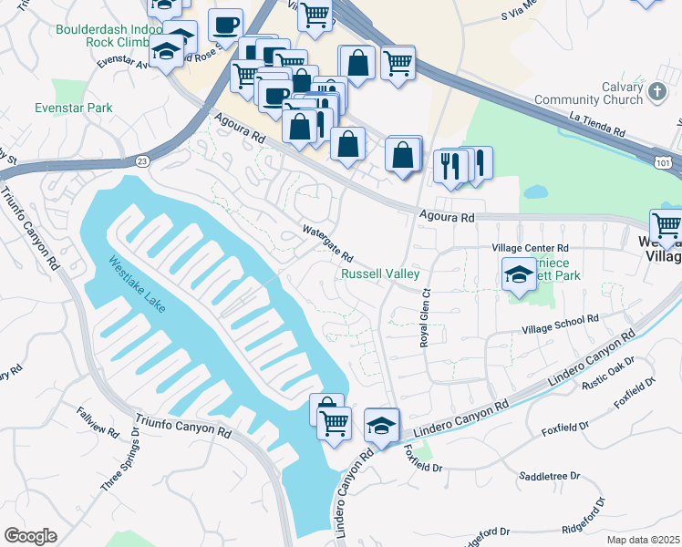 map of restaurants, bars, coffee shops, grocery stores, and more near 4190 Lake Harbor Lane in Westlake Village