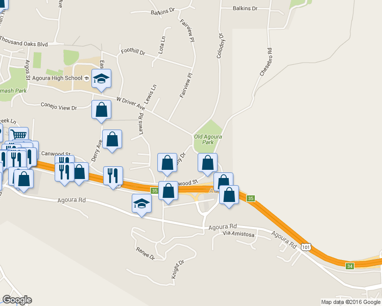 map of restaurants, bars, coffee shops, grocery stores, and more near 28156 West Driver Avenue in Agoura Hills